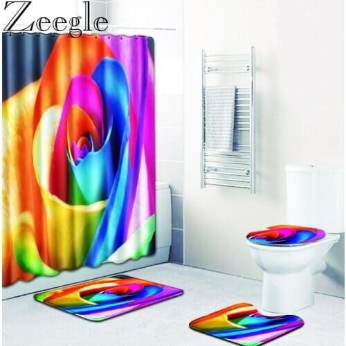 4Pcs/Set Flora Non-Slip Bath Mat Shower Curtain Set Home Decor Toilet Pad Bathroom Carpet Shower Curtain Bathroom Mat