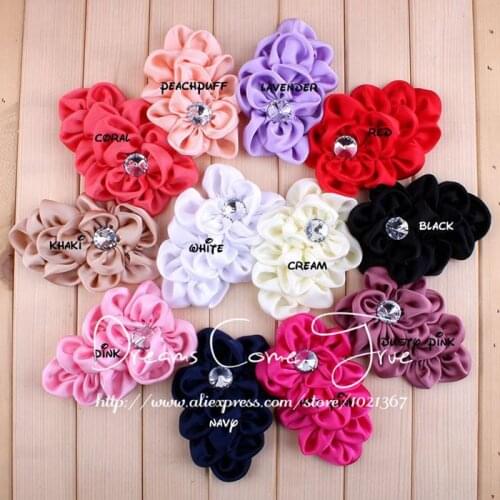50pcs/lot 12Colors Artificial Satins Ribbon Ichthyosis Shape Fabric Flower For Wedding Decorative With Bling Rhinestone Buttons