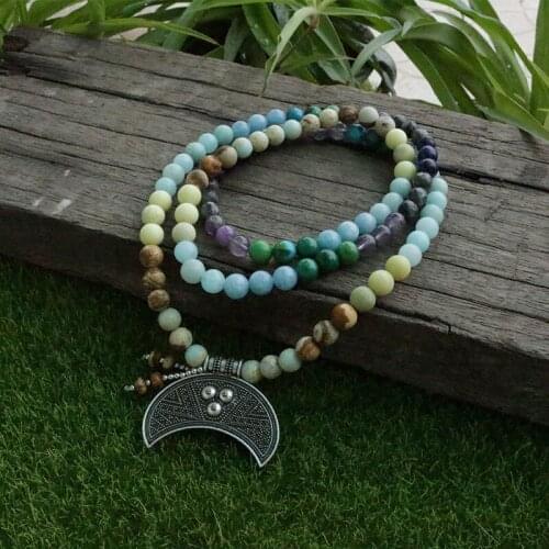 8mm Amazonite And Flower Amethyst Beads Necklace, Help Calm Emotional Mala, 108 Bead Mala, Mala Jewelry, Mala Prayer Beads