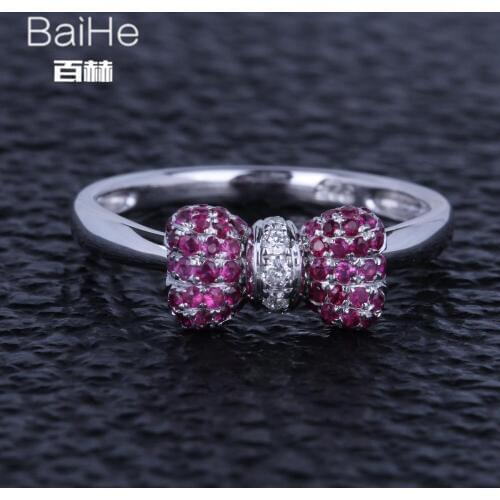 BAIHE Sterling Silver 925 0.45CT H/SI Round Natural Diamonds & Rubies Women Hiphop/Rock Fine Jewelry bowknot Ring Ruby Ring