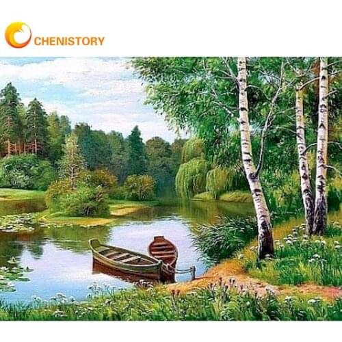 CHENISTORY Two Small Boat On Mountain River Landscape Painting By Numbers Kits For Adults 40x50cm Framed On Canvas Home Decor