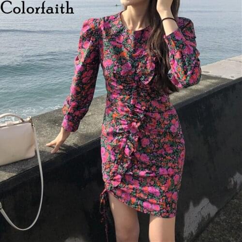 Colorfaith New 2021 Y2K Womens Autumn Dresses High Waist Ruched Korean Floral Printed Retro Package Hip Sexy Mini Dress DR66129