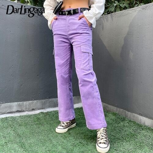 Darlingaga Casual Solid Straight Corduroy Pants Fashion Winter Pockets Trousers High Waist Cargo Pants Women Capris Pantalones