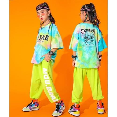 2021 Hip Hop Kids Clothes Girls Tie Dyed Tops Short Sleeves Green Sport Pants Jazz Clothing Street Dance Performance Wear BL6465