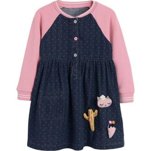 Little maven Autumn Winter Denim Skirt Long Sleeve Girls Pink Point Clothe Cute Cactus Round Neck Casual Dresses 2-7years