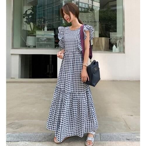LLZACOOSH Elegant Ruffles Temperament O Neck Backless 2021 Summer Women Dot Patchwork Big Swing Female Casual Dresses