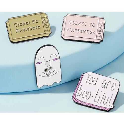 Happiness Ticket To Anywhere Enamel Pins Smile Ghost Beautiful Soap Brooch Jwewlry Denim Clothes Bags Gift for Friends Men Women