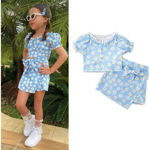 FOCUSNORM 1-6Y Fashion Summer Kids Girls Clothes Sets Sunflowers Plaid Printed Puff Sleeve T Shirts A-Line Skirts