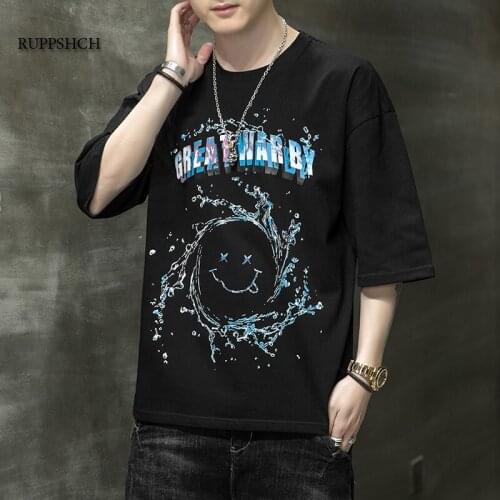 2021 New T-Shirt Mens Short-Sleeved Summer Loose T-Shirt Letter Stitching Smiley Trend Japanese Short-Sleeved Men