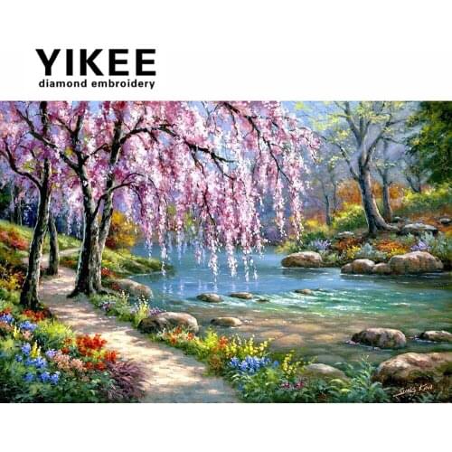 H270 Beautiful Weeping Willow,diy diamond embroidery,rhinestone painting,5d,river,diamond painting lanscape