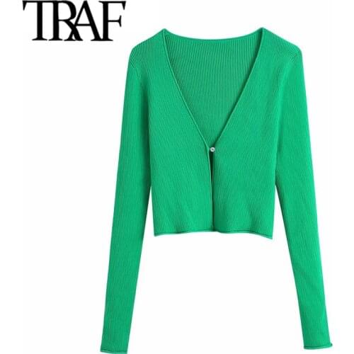TRAF Women Fashion Single Button Ribbed Knit Cardigan Sweater Vintage V Neck Long Sleeve Female Outerwear Chic Tops