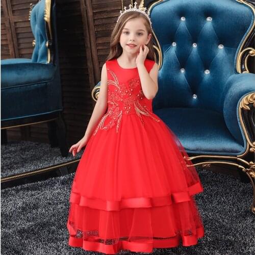Flower girl prom dress Girls Christmas Bow Lace Dresses Kids Wedding Birthday Evening Party Embroidery Clothing