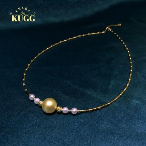 KUGG PEARL 18K Yellow Gold Necklace 9-10mm Natural South Sea Gold Pearl Choker Engagement Necklace Fashion Party Gold Torques