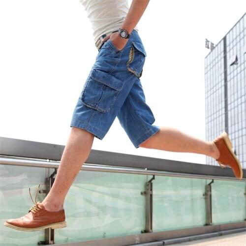 Summer Jeans Men Casual Straight Knee Length Denim Short Men Mid-waist Multi-pockets Lightweight Short Blue Jeans For Men 30-44