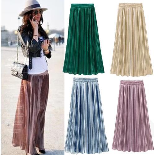 Fashion Women Double Layer Pleated Long Skirts Elastic Waist Solid Laides Casual Beach Skirt