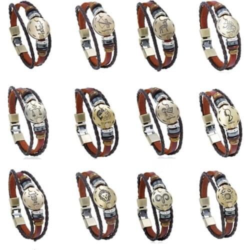 Fashion Vintage Constellation12 Zodiac Signs Bracelet Cuff Leather Retro Bangle Wristbands Pisces Scorpion Jewelry Birthday Gift