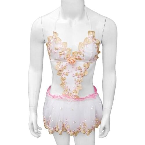 Mens Crossdressing Embroidery Lace Skirts Dress Lingerie Hot Sexy Sissy Dress Nightwear Cross Dresser Costume Sleepwear