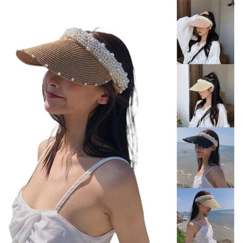 2021 New Fashion Female Visor Cap Solid Color Pearls Hollow Out Peaked Cap Sun-Resistant Hat Outdoor Sport Cap for Spring Summer