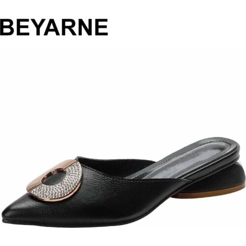BEYARNE 2021 New Women Low Heel Slippers Fashion Mules Shoes Pointed Toe Slides Ladies Slides Flip Flop Zapatos Mujer