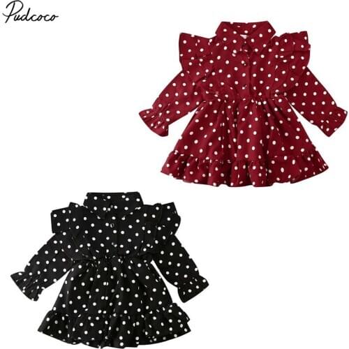 Toddler Baby Girls Dress Clothes Princess Long Sleeve Ruffle Swing Dress Dot Print Casual Outfits 1-7Y
