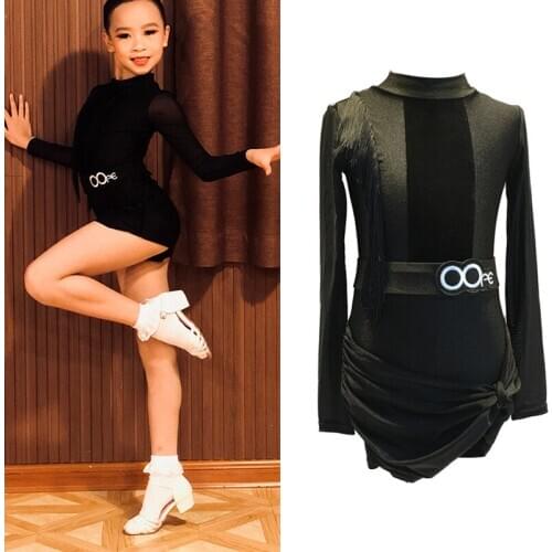 Long Sleeved Latin Dance Dress Black Fringe Performance Dress Girls Professional Dance Wear Ballroom Tango Training Outfit L4765