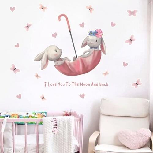 Practical Cartoon Rabbit Butterfly Umbrella Bunny Wall Stickers for Kids Room Baby Room Decor Wall Decals Room Interior