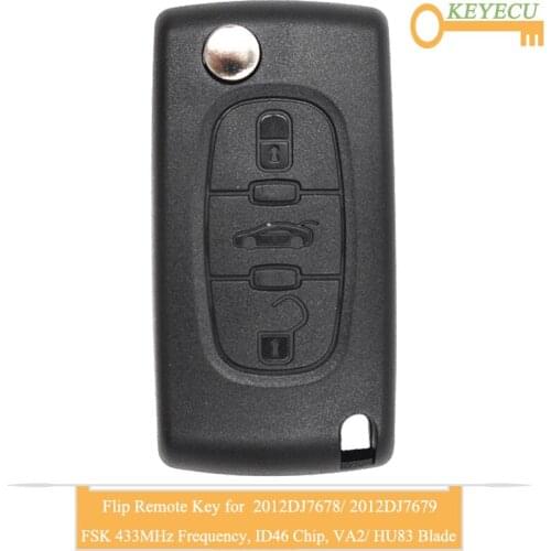 KEYECU Flip Remote Control Car Key for Peugeot 408 2005-2011, Fob 3 Buttons - FSK 433MHz - ID46 Chip - 2012DJ7678/ 2012DJ7679