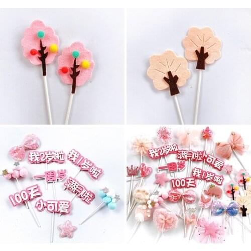 Pink Bow Heart Cake Toppers Happy Birthday for Childrens Day Party Supplies Sweet Gift Bling Crown Princess Decorations