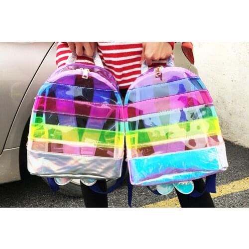 New Casual Clear Backpack Rainbow Stripe Bags PVC Transparent Contrast Color Fashion Large-Capacity School Bags For Girls