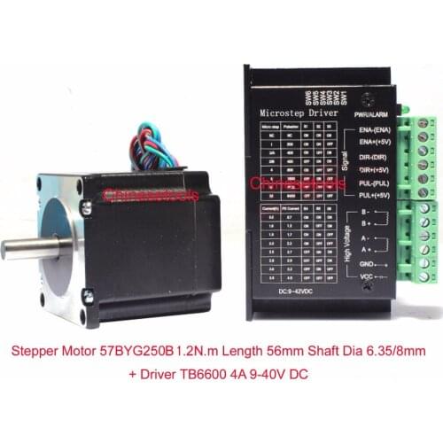 Stepper Motor 57BYG250B 1.2 N.m L 56mm OD shaft 6.35mm + Driver 0.5-4A DC 9-40V