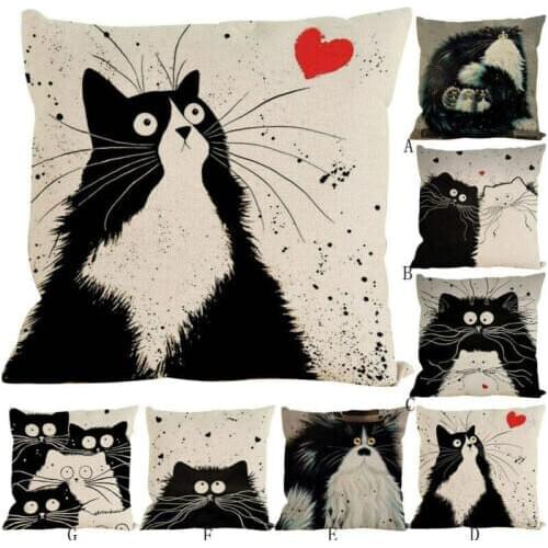 Cute Cartoon Black White Cat Beard Throw Pillowcase Cotton Linen Sofa Waist Sofa Cushion Cover Home Decorative Pillow Covers