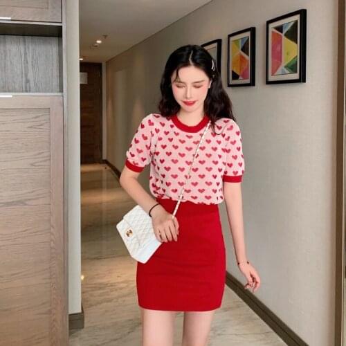 2pcs Skirt With T-shirt Fashion Women Two-piece Set High Waist Plain Knit Mini Skirt Love Patchwork Short Sleeve Summer T-Shirt