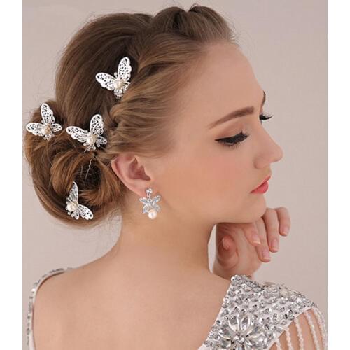 New Wedding Accessories Pearl Hair Jewelry Headwear Charm Silver Plated Butterfly U Shape Hairpin Hair Sticks For Bridal F1608