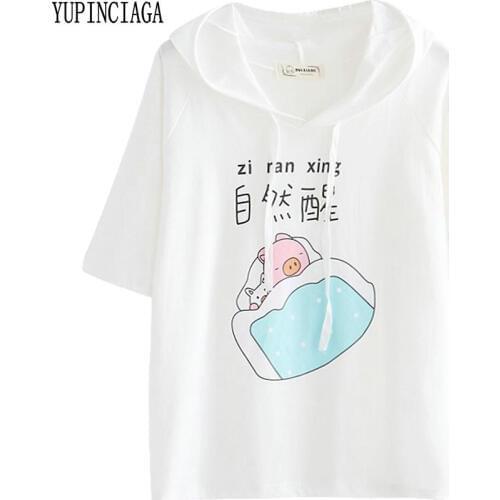 YUPINCIAGA Summer t shirt Women Cute Peppy Style Kawaii Cartoon Piggy Printed Hooded Short Sleeve Black White Tshirt Casual Tops