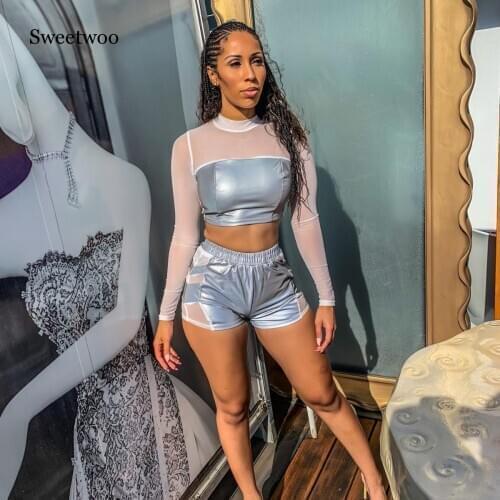 SWEETWOO Womens Yoga Sports Wear Mesh Splicing Slim Fit Reflective Sports Suit Umbilical Splicing Jacket+Sports Shorts