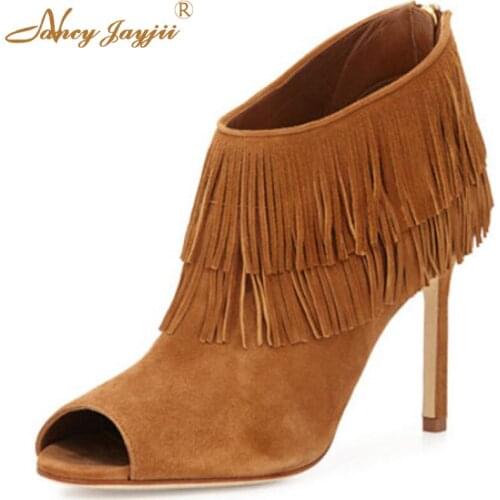 Shoes New Woman Fashion Naboup Suede Fringe Open-Toe Bootie Ankle Tassel Back Zip Eases Dress Shoes Women,Big Size 4.5-14