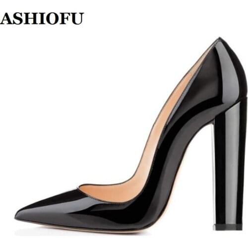 ASHIOFU Handmade New Ladies Block-heeled Pumps Patent Leather Pointed-toe Party Office Shoes Slip-on Evening Fashion Pumps Shoes