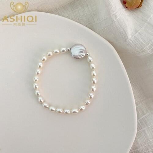 ASHIQI Genuine Natural Freshwater Pearl Bracelet with One Pieces 12-13mm Big Button Pearl Jewelry For Women