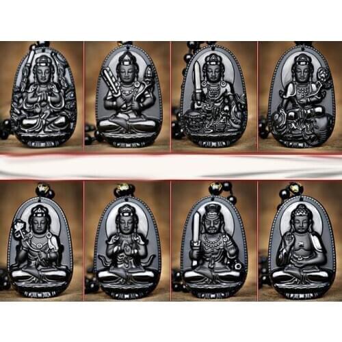 Natural Obsidian Pendant Eight Guardian Twelve Zodiac Natal Buddha Mascot Amulet Lucky Necklace Black Stone For Women Men Small