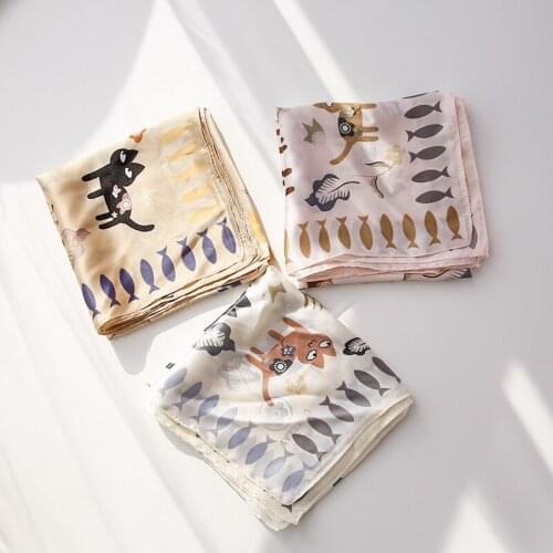 Yishine 70*70cm New Summer Beach Fashion Square Scarves Accessories Women Cat Fish Cartoon Silk Scarf Femme Neckerchief