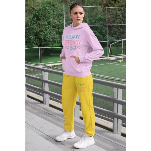 Angemiel Wear Ready Steady Women Tracksuit Set Pink Hooded Sweatshirt Yellow Sweatpants