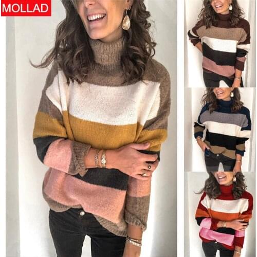 2021 Autumn and Winter New Turtleneck Patchwork Knitwear Ol Large Size Womens Striped Sweater Women