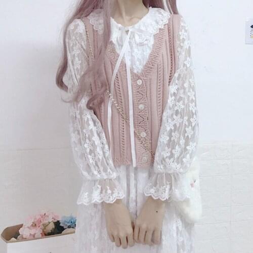 Autumn and winter knitted vest women 2020new Japanese loose wild V-neck sweater + fairy lace dress suit