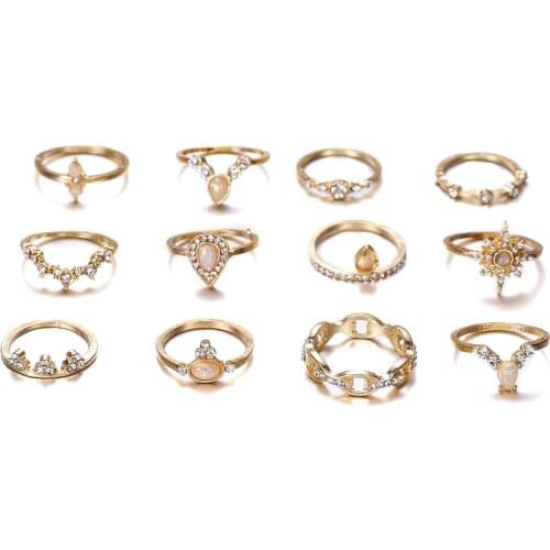 12 Pcs/set Bohemian Vintage Water Drop Stars Geometric Crystal Ring Set For Women Charm Joint Knuckle Ring Wedding Jewelry Gift