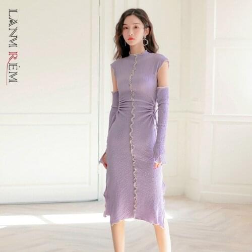 LANMREM Vintage Purple Dress For Women Patchwork Slim Style Ladies Elegant Casual Dress Fashion Tide 2021 Autumn Summer 2A9028
