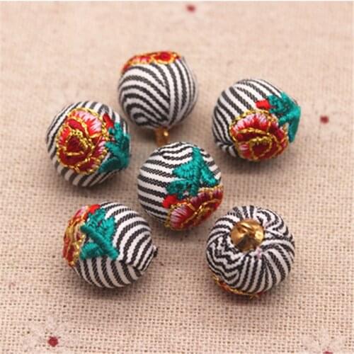 10pcs15mm Mix Colors Flower Embroidered Strip Fabric Covered Round Bead Ball Pendant Home Garden Crafts Jewelry DIY