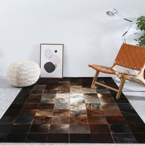 American style luxury natural brown color cowhide patchwork rug , big size milch cow skin fur chequer carpet for living room