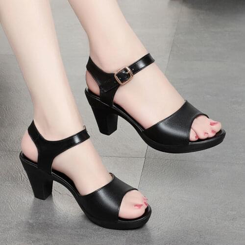 EAGSITY Black square heel Sandals for wmoen shoes platform block heel Ankle Strap kitten heel Open Toe sandals leather