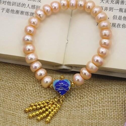 Orange 9-10mm natural freshwater pearl abacus beads bracelet & bangle gold-color tassels cloisonne diy jewelry 7.5inch B3100