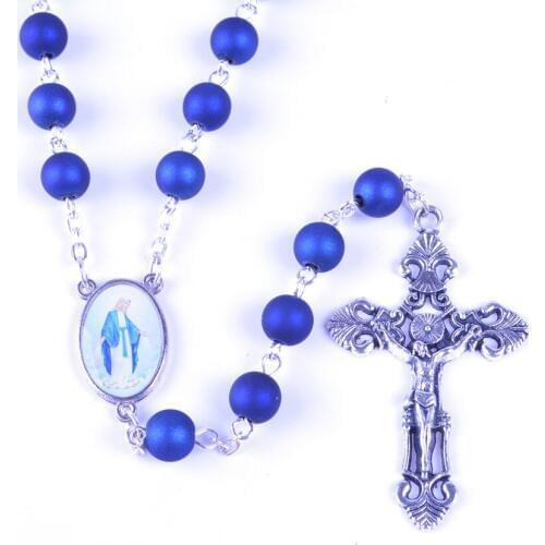 Trendy Religious Blue Acrylic Gum Beads Virgin Mary Chain Catholic Rosary Necklace
